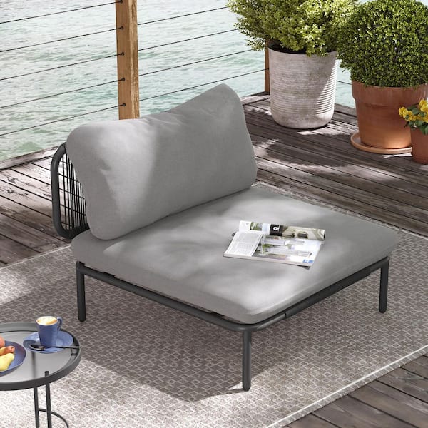 1 Piece Metal Outdoor Sectional Sofa with Dark Gray Cushions One Armrest