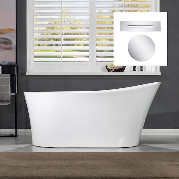 WOODBRIDGE Sona 67 in. Acrylic FlatBottom Single Slipper Bathtub with Chrome Overflow and Drain Included in White