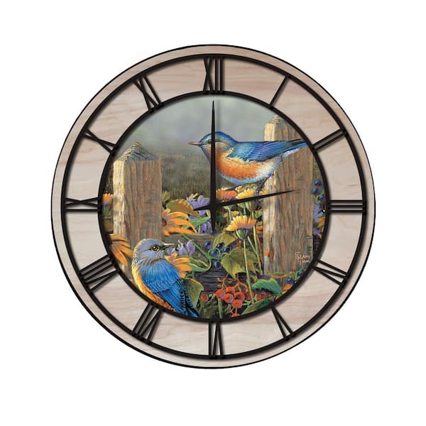Unbranded "Linda's Bluebirds" Woodgrain Accent and Black Numbers Imaged Wall Clock