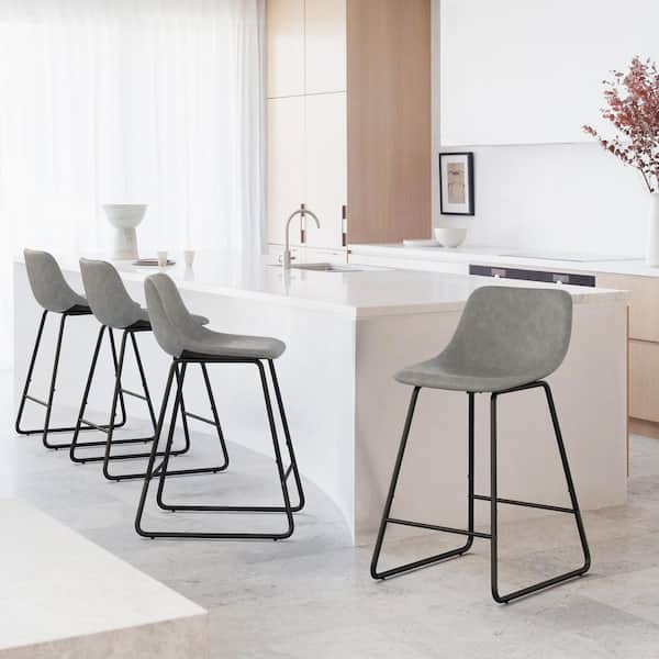 OrangeOne 24 in. Gray Faux Leather Upholstered Bar Stool With Metal Leg Counter Bar Stool (Set of 4)