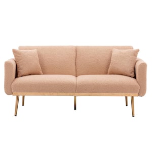 63.77 in Wide Camel Velvet Upholstered 2-Seater Convertible Sofa Bed with Golden Metal Legs