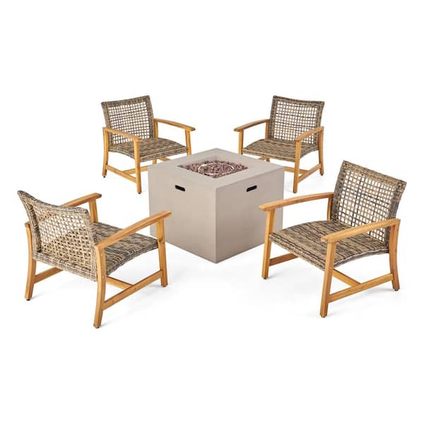Noble House Augusta Natural Finished 5-Piece Wood Patio Fire Pit Seating Set