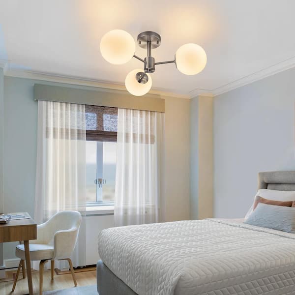 Raleigh 21 in. 3-Light Nickel Metal Minimalist Semi Flush Mount Lighting Bedroom Ceiling Lights With Glass Shade