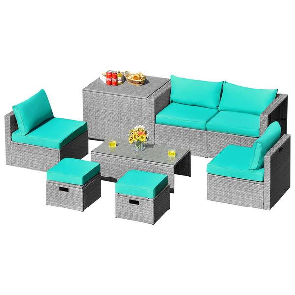 Gymax 8-Piece Rattan Patio Space-Saving Furniture Conversation Set with Waterproof Cover and Turquoise Cushions