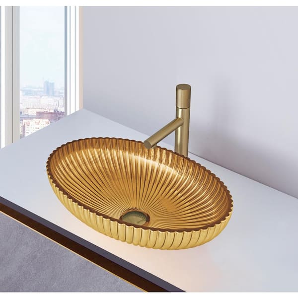 castellousa Lucine 21 in. Modern Gold Tempered Glass Crystal Oval Vessel Sink