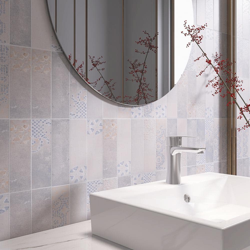 Tempo 3" x 8" White and Gray Porcelain Subway Tile