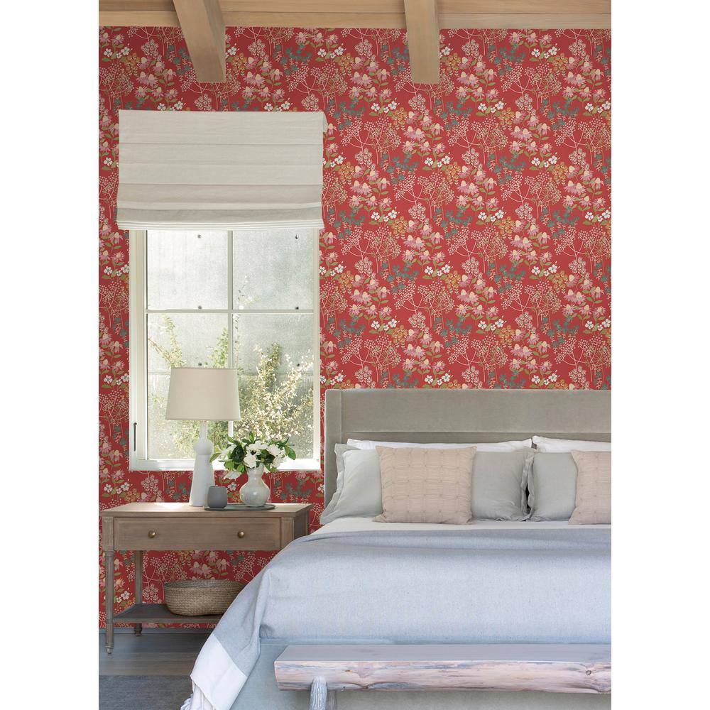 Red Multicolor Floral Non-Woven Removable Wallpaper