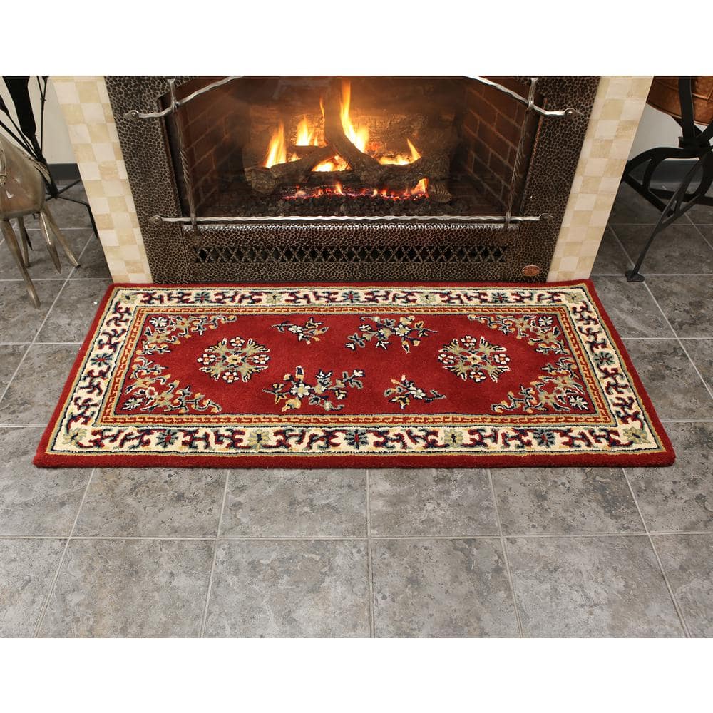 Elegant Burgundy Oriental Hearth Rug in Handmade Wool, 56"x26"