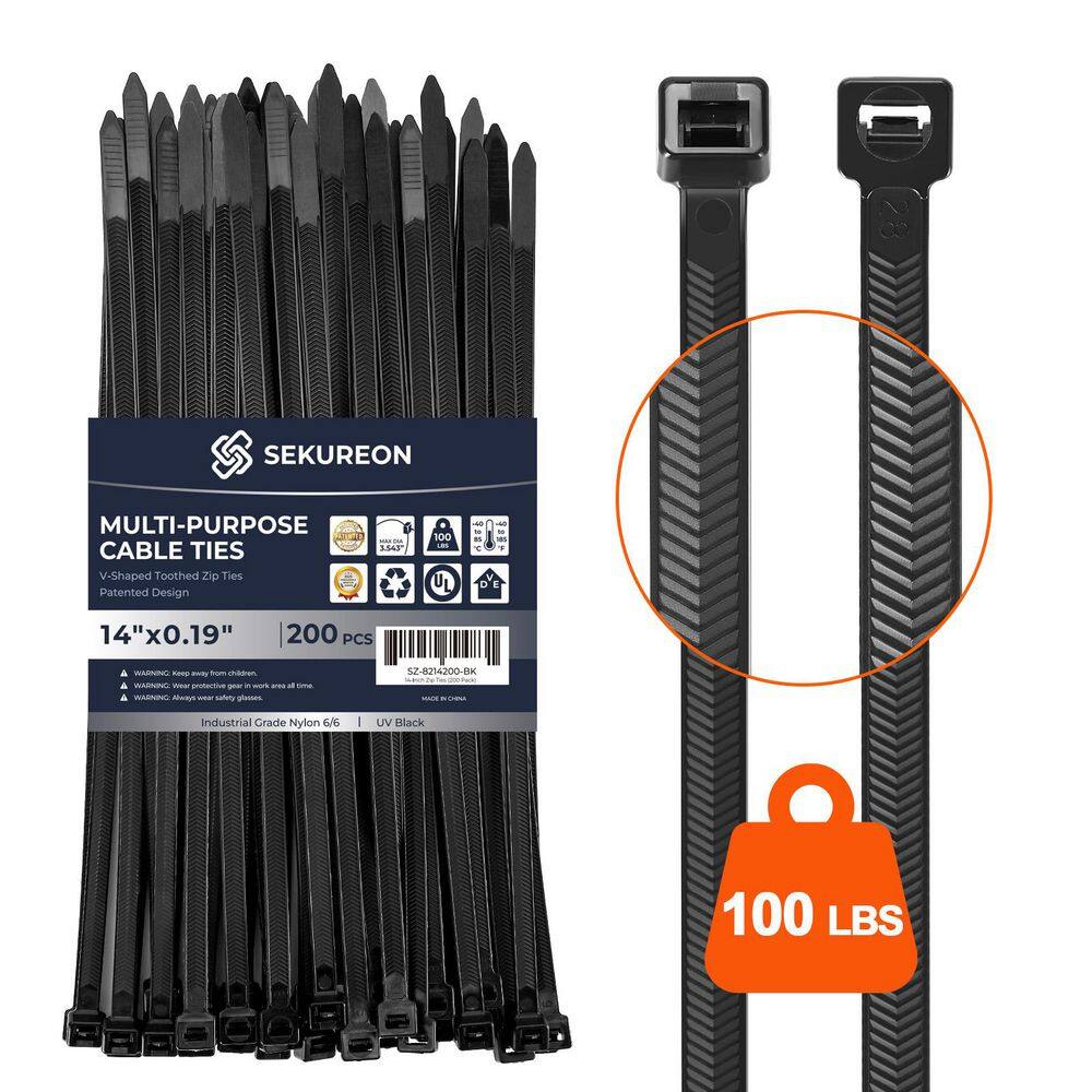 14 in. Zip Ties Double Sided Toothed 100 LBS Tensile Strength Heavy Duty Cable Wire Ties Nylon Tie Wraps Black 200 Pack price history on PriceWatchPro
