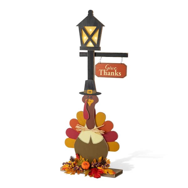 36 in. Thanksgiving Christmas Lighted Wooden Turkey Lamp Post Porch Decor