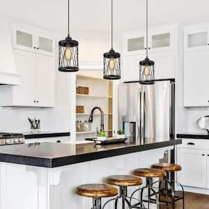 Modern Industrial Brushed Black Lantern Cage Pendant Light Kitchen Island 1-Light Hanging Lamp with Cylinder Metal Shade