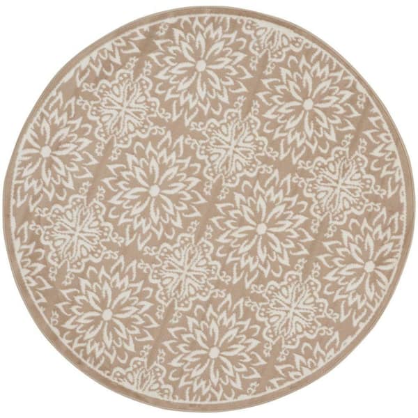 Nourison Jubilant Taupe 5 ft. x 5 ft. Floral Transitional Round Area Rug