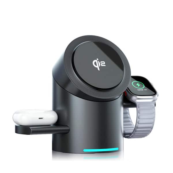 Aluminum Alloy Touch Rotation Magnetic Wireless Charging Station, 3 in 1 15W Fast Charging Wireless Charger