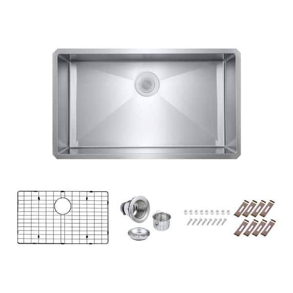 PELHAM & WHITE Bryn Stainless Steel 16- Gauge 30 in. Single Bowl Undermount Kitchen Sink with Bottom Grid and Drain