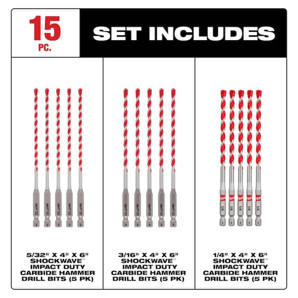 (15 Pack) SHOCKWAVE Carbide Hammer Drill Bits (5) 5/32 in., (5) 3/16 in., and (5) 1/4 in.