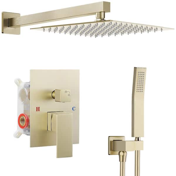 Single Handle 2-Spray Square Shower Faucet Bathroom Shower Combo Set 2.5 GPM with Adjustable Heads in Brushed Gold