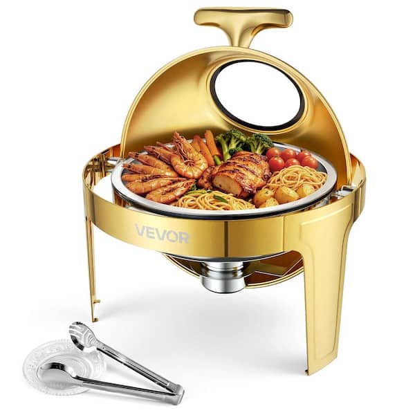 1 Pack Chafing Dish for Buffet Set, 6 QT. Gold Stainless Steel Chafing Dishes, Round Roll Top Buffet Servers and Warmers