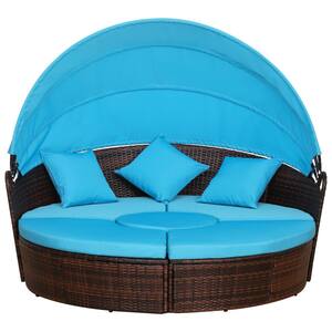 Brown 5-piece Cushioned Rattan Wicker Outdoor Sunbed or Conversational Sofa Set with Sun Canopy and Blue Cushions