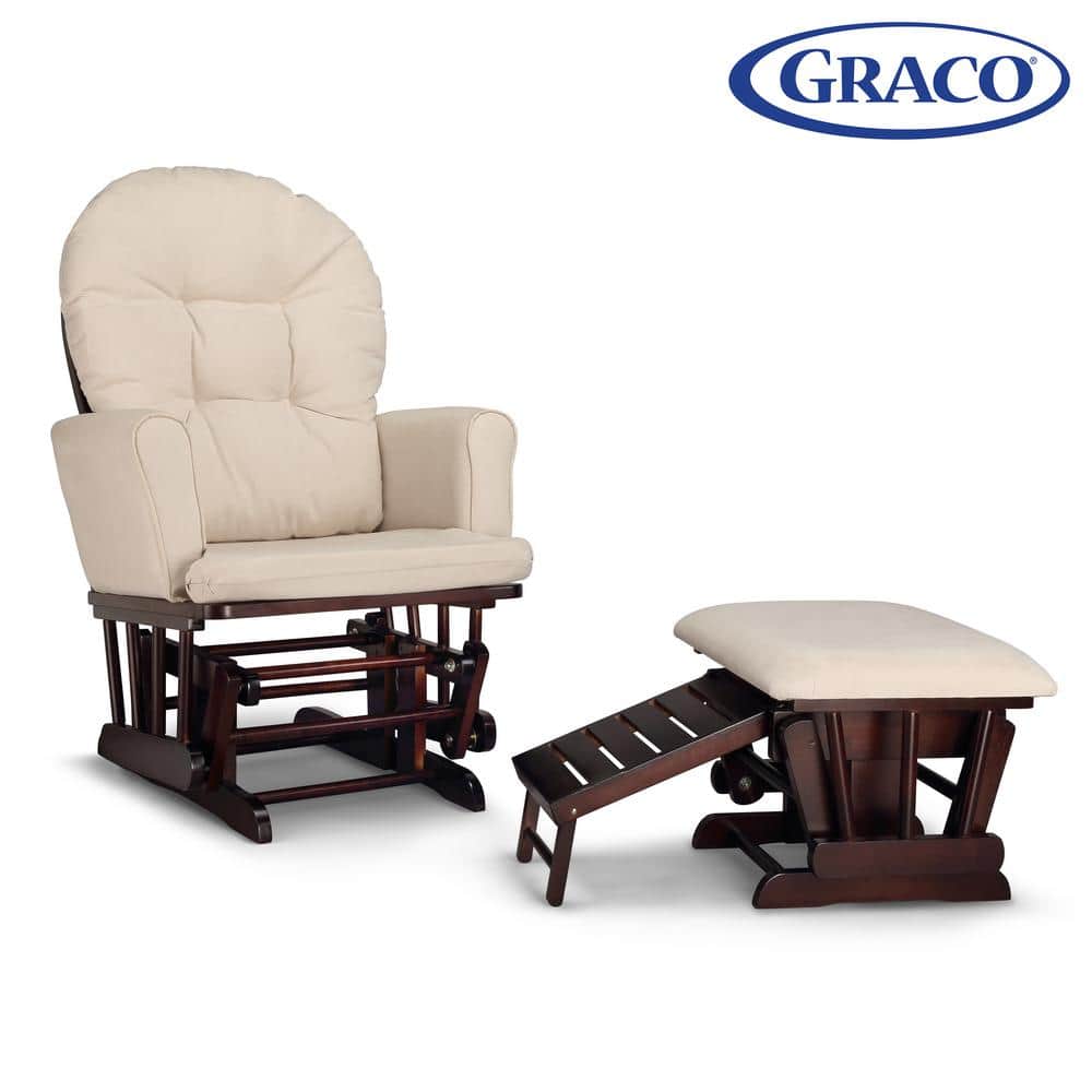 Beige and Espresso Semi-Upholstered Glider with Ottoman