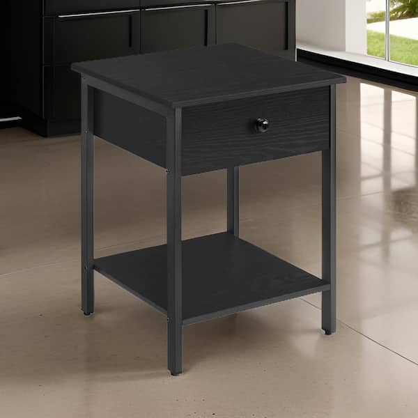 Benjara 15.75 in. Gray and Black Square Wood End Table with 2 Adjustable Mesh Shelves