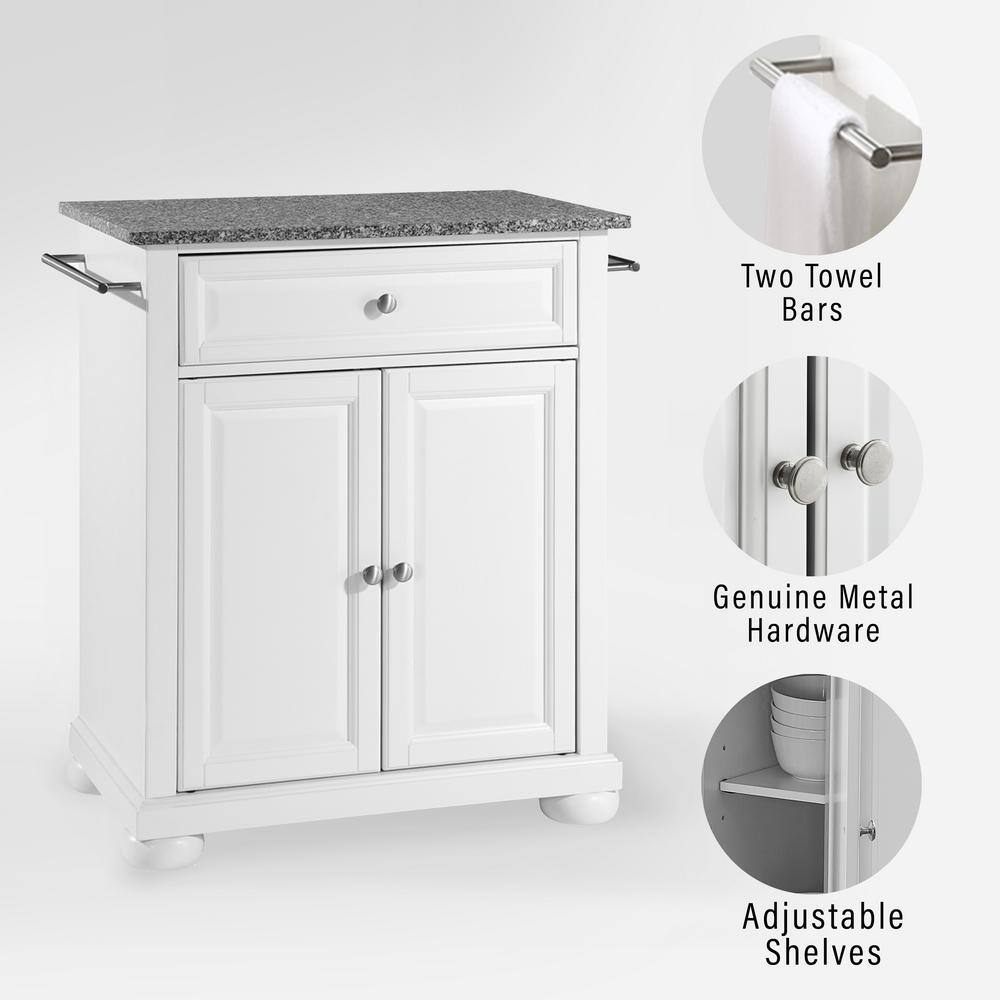 Elegant Alexandria White Kitchen Island with Gray Granite Top and Storage
