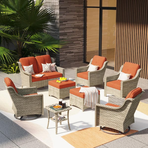 XIZZI Leila 8-Piece Wicker Patio Conversation Seating Sofa Set with Orange Red Cushions and Swivel Rocking Chairs