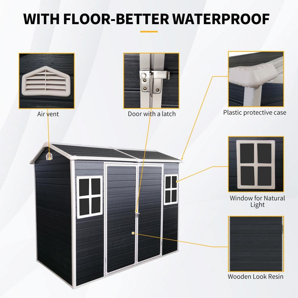 8 ft x 4 ft Black Resin Outdoor Storage Shed with Windows