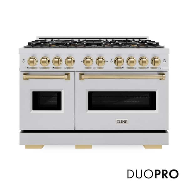 Autograph 48 in. Classic Gas Range with 8 Burner DuoPro Cooktop and Dual Ovens in Stainless Steel with Champagne Bronze
