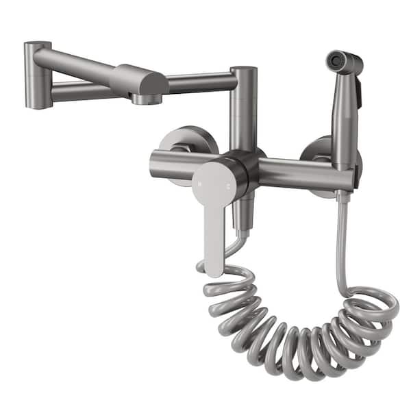 Wall Mount Folding Kitchen Faucet with Spray Gun, Dual Function Pot Filler Tap, 3.1 GPM in Brushed Nickel