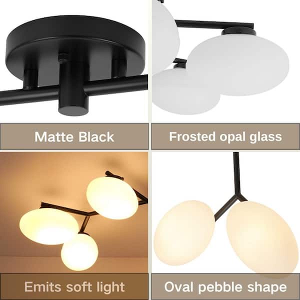Ceder 6-Light 42.5 in. W Matte Black Semi-Flush Mount Branch Sputnik Ceiling Light with Oval Opal Glass for Kitchen