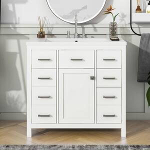 36"W White Free-Standing Resin Top Bathroom Vanity Cabinet with 5 Drawers