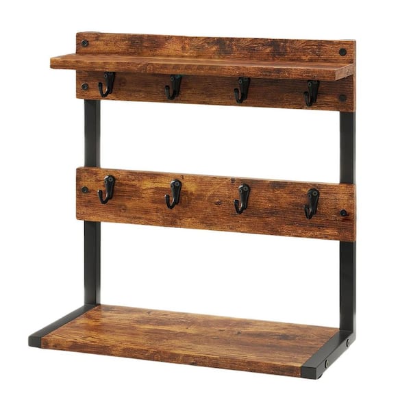 8-Hook Rustic Brown Mug Tree 2 Tier Countertop Stand with Storage Base Space Saving for Kitchen Bar