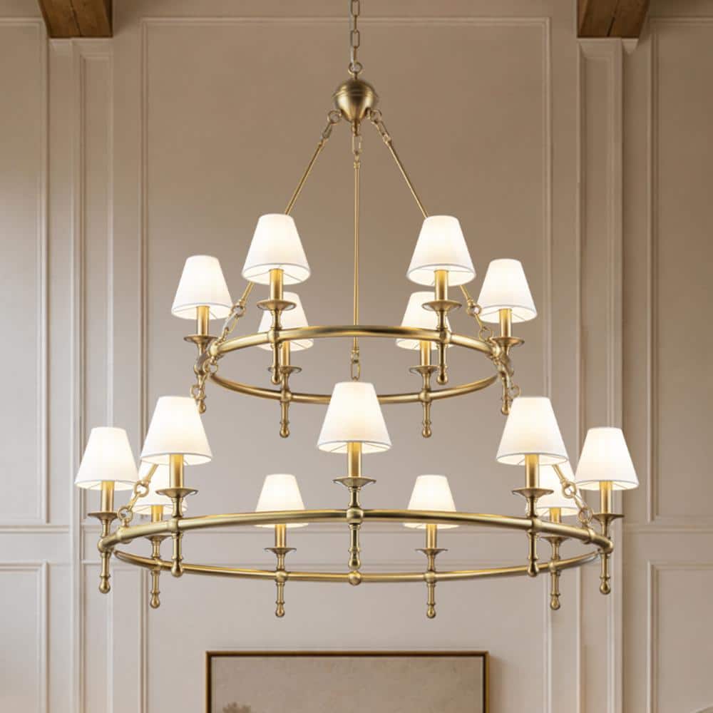"47"" 15-Light 2-Tier Vintage Brass Chandelier with White Fabric Shades for High Ceilings and Large Rooms" price history on PriceWatchPro
