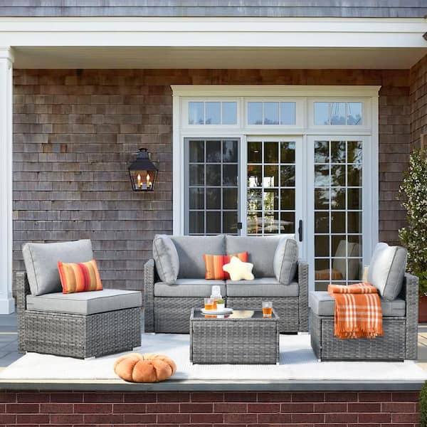 Daffodil E Gray 5-Piece Wicker Patio Conversation Sofa Set with Dark Gray Cushions