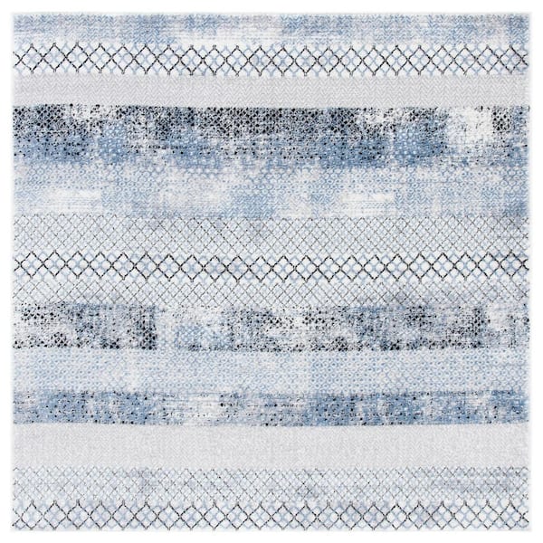 Amelia Gray/Light Blue 9 ft. x 9 ft. Geometric Distressed Square Area Rug