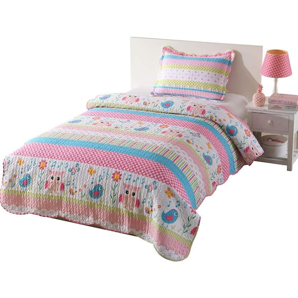 MarCielo A73 Pink Owl Twin Size Polyester Bedspread Quilts Set Throw Blanket