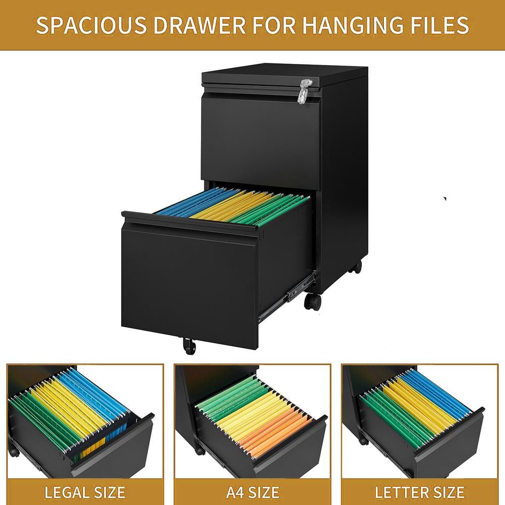 Black Steel 2-Drawer Mobile Lockable Filing Cabinet with Wheels