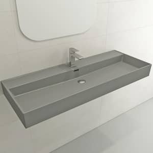 Milano Matte Gray 47.75 in. 1-Hole Wall-Mounted Fireclay Rectangular Vessel Sink with Overflow