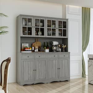 Gray Painted Wood 61.2 in. W Food Pantry Cabinet With Drawers and Adjustable Shelves, Glass Doors, Hutch