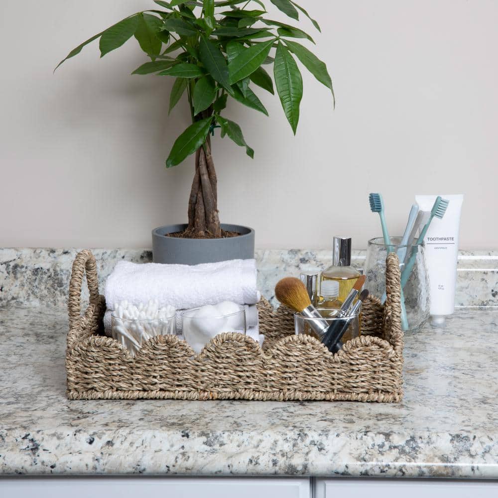 Natural Seagrass Rectangular Decorative Tray with Scalloped Edge