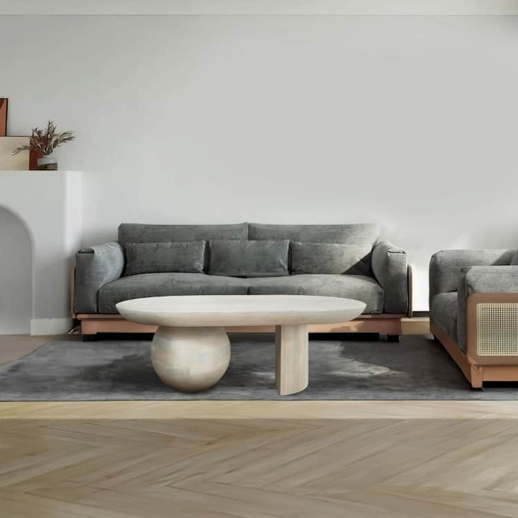 THE URBAN PORT 38 in. White Oval Wood Coffee Table with Modern Ball Leg