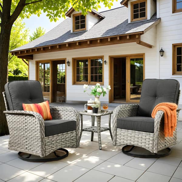 weaxty W Gerbera 3-Piece Gray Wicker Outdoor Rocking Chairs with Coffee Table and Black Cushions
