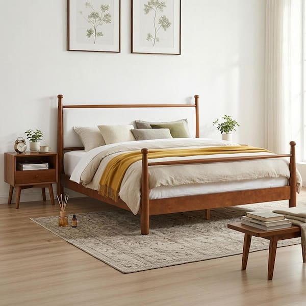 Mid Century Bed Brown Wood Frame King Platform Bed with Upholstered Headboard, Poster Bed, No Box Spring Needed