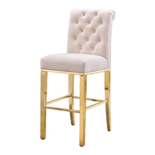 Best Quality Furniture April 24 in. H Cream Velvet Upholstered Full Back Counter Height with Gold Stainless Steel Legs (Set of 2)