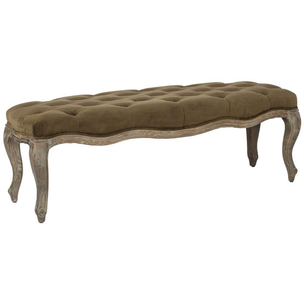Transitional Spruce Green Velour 52" Ramsey Bench with Carved Oak Frame