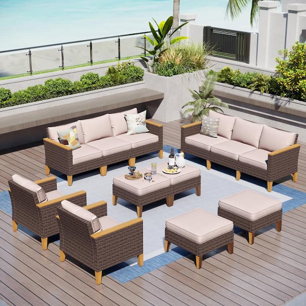PHI VILLA Dark Brown Rattan Wicker 12 Seat 12-Piece Steel Outdoor Patio Conversation Set with Beige Cushions and 4 Ottomans