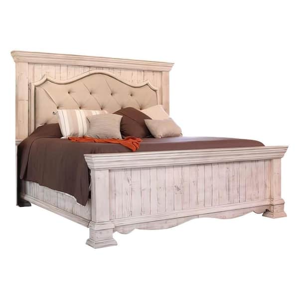 Benjara Belo White and Beige Wood Frame Queen Size Platform Bed