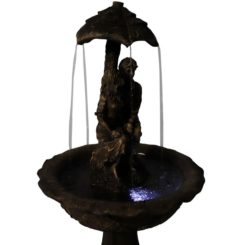 Brown Polyresin Solar Powered Lovers Umbrella Water Fountain with LED Lights