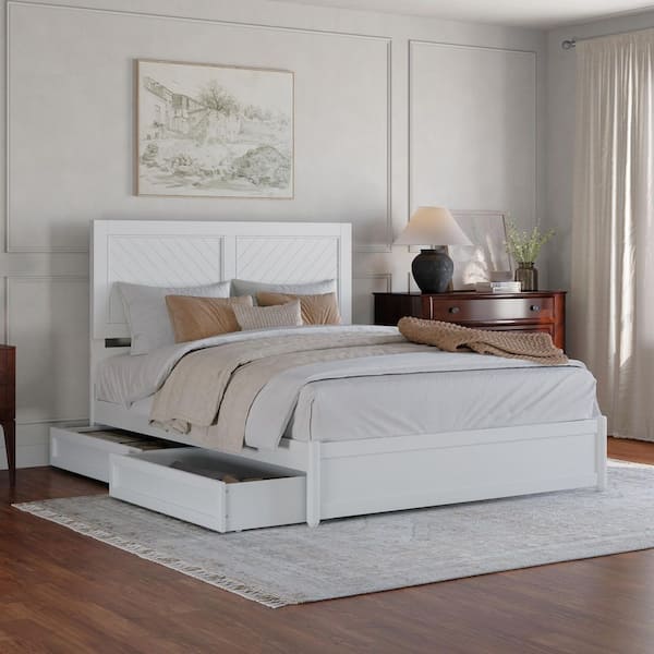 AFI Clayton White Solid Wood Frame Queen Platform Bed with Panel Footboard and Storage Drawers