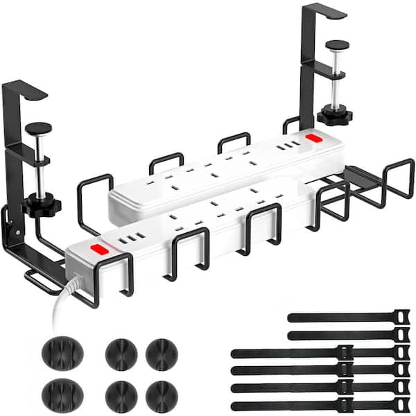 15.7 in. Under Desk Cable Management Box Black High-Quality Metal No Drill with Clamp & Anti-Scratch Mats Wire Tray